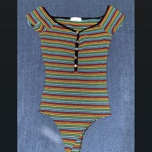 Rainbow striped button up body suit